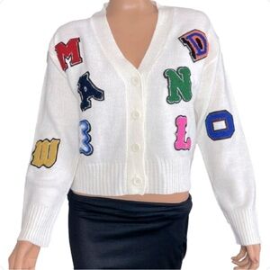 Vintage Y2K Runway 7 Preppy Letter Print V-Neck Cardigan Knit Sweater Medium